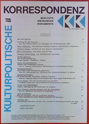 Bild des Verkufers fr Kulturpolitische Korrespondenz. Berichte meinungen Dokumente 705, 15. November 1988 zum Verkauf von biblion2