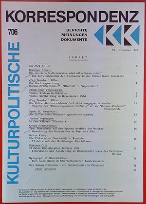 Bild des Verkufers fr Kulturpolitische Korrespondenz. Berichte Meinungen Dokumente 706, 25. November 1988 zum Verkauf von biblion2