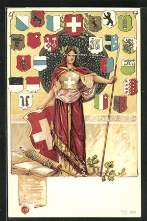 Künstler-Präge-Ansichtskarte Helvetia mit schweizer Wappen und den Wappen der Kantone