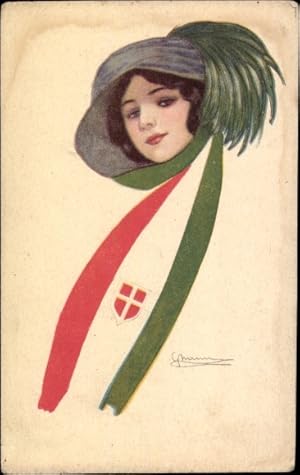 Künstler Ansichtskarte / Postkarte Frau mit Schal in italienischen Landesfarben