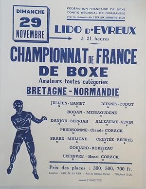 "CHAMPIONNAT de FRANCE de BOXE EVREUX 1959" Affiche originale entoilée / Offset Imp. R. MEREL Evr...