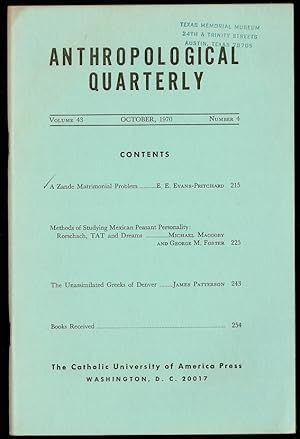 Seller image for A Zande Matrimonial Problem in Anthropological Quarterly Volume 43, Number 4 for sale by The Book Collector, Inc. ABAA, ILAB