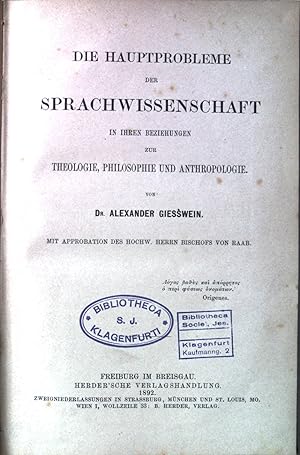 Bild des Verkufers fr Die Hauptprobleme der Sprachwissenschaft in ihrer Beziehung zur Theologie, Philosophie und Anthropologie. Mit Approbation des hochw. Herrn Bischofs von Raab. zum Verkauf von books4less (Versandantiquariat Petra Gros GmbH & Co. KG)