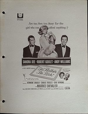 Seller image for I'd Rather Be Rich Campaign Sheet 1964 Sandra Dee, Robert Goulet for sale by AcornBooksNH