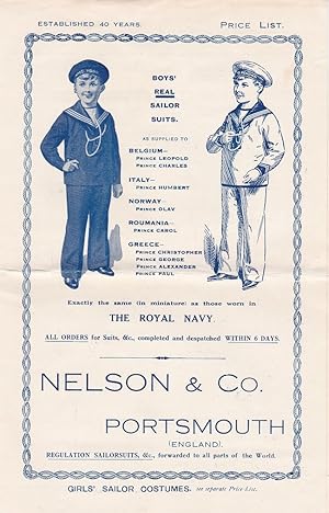 Boys' Real Sailor Suits. (Original product advertising with an authentic fabric sample).