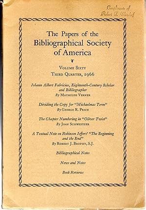 Imagen del vendedor de The Papers of the Bibliographical Society of America: Volume Sixty (60) , Third Quarter, 1966 a la venta por Dorley House Books, Inc.