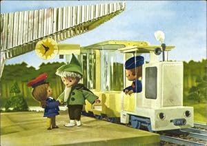 Ansichtskarte / Postkarte Unser Sandmännchen, Sandmann, DDR Kinderfernsehen, Eisenbahn, Bahnhof, ...