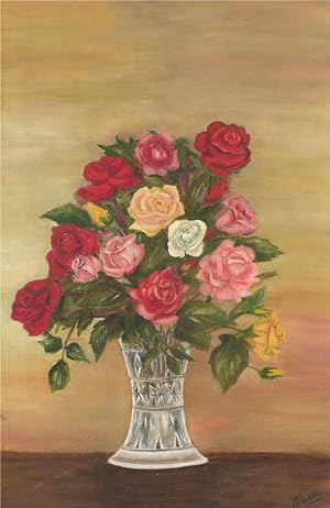 Mid 20th Century Oil - Roses In A Crystal Vase