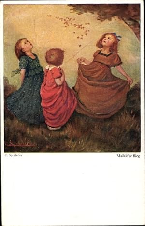 Künstler Ansichtskarte / Postkarte Sporleder, C., Maikäfer flieg, drei Mädchen auf einer Wiese