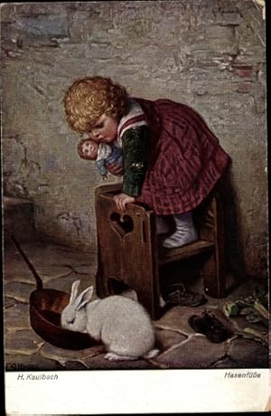 Bild des Verkufers fr Knstler Ansichtskarte / Postkarte Kaulbach, Hermann, Hasenfe, Kind mit Puppe frchtet sich vor Kaninchen zum Verkauf von akpool GmbH