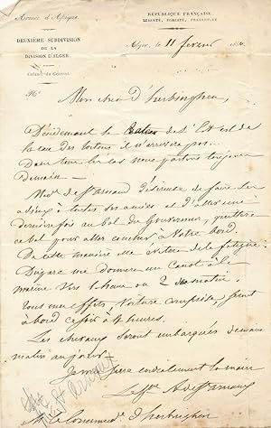 Saint Arnaud lettre autographe signée Poucques d Herbinghem marine Algérie 1850
