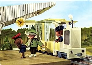 Ansichtskarte / Postkarte Unser Sandmännchen, Sandmann, DDR Kinderfernsehen, Eisenbahn, Bahnhof, ...