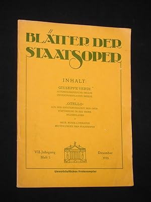 Imagen del vendedor de Bltter der Staatsoper, Jahrgang, VII. Jahrgang, Heft 5, Dezember 1926. Schwerpunkt: "Otello" von Giuseppe Verdi a la venta por Fast alles Theater! Antiquariat fr die darstellenden Knste