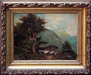"Bergbauernidyll". Ölbild auf Leinwand, auf Holz aufgezogen.