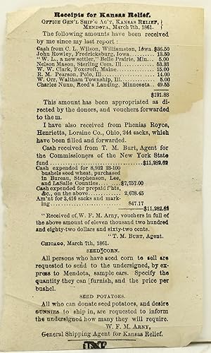 Seller image for [AMERICANA] [KANSAS] [SMALL BROADSIDE] RECEIPTS FOR KANSAS RELIEF for sale by BLACK SWAN BOOKS, INC., ABAA, ILAB