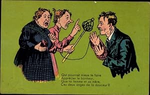 Ansichtskarte / Postkarte Mann mit Frau und Schwiegermutter, Teppichklopfer