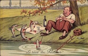 Ansichtskarte / Postkarte Le reve du Pecheur, schlafender Angler, musizierende Fische