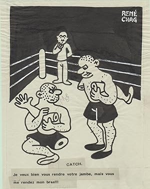 "CATCH" Dessin de presse à l'encre de Chine sur papier calque par René CHAG (1944)