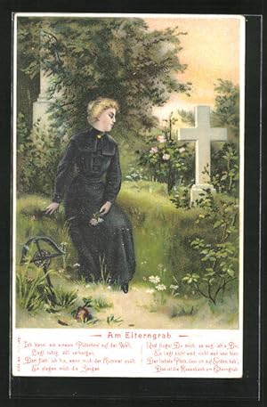Bild des Verkufers fr Ansichtskarte Trauernde Frau am Elterngrab, Ich kenn` ein einsam Pltzchen auf der Welt. zum Verkauf von Bartko-Reher