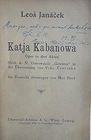 Katja Kabanowa. Oper in 3 Akten. Nach A. N. Ostrowskijs "Gewitter" in der Übersetzung von Vinc. C...