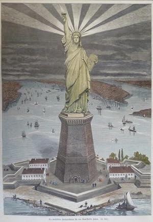 kolorierter Holzstich - Die projektierte Freiheitsstatue für den New-Yorker Hafen