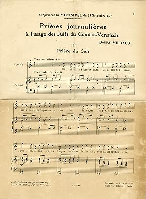 "PRIÈRE DU SOIR à L'USAGE DES JUIFS DU COMTAT-VENAISSIN" Paroles et Musique de Darius MILHAUD / P...