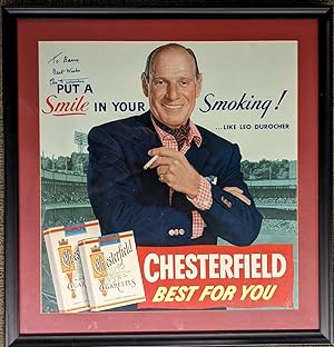 Cardboard lithograph advertisement for Chesterfield Cigarettes, signed "Leo Durocher"