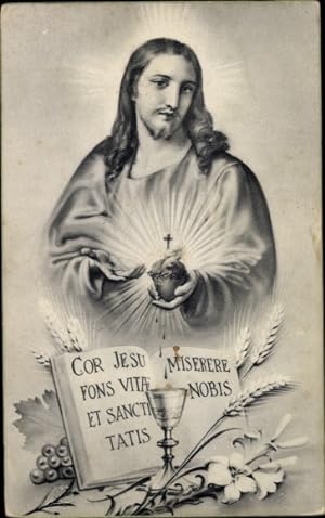 Ansichtskarte / Postkarte Jesus, Kelch, Getreideähren, Lilie, Cor Jesu Miserere
