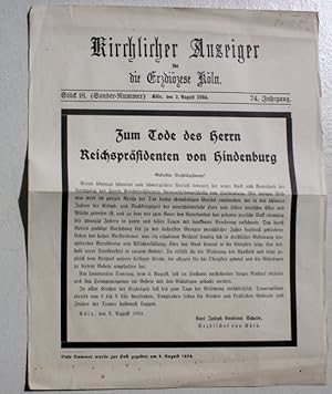 Kirchlicher Anzeiger für die Erzdiözese Köln. (Sonder-Nummer). Zum Tode des Herrn Reichspräsident...