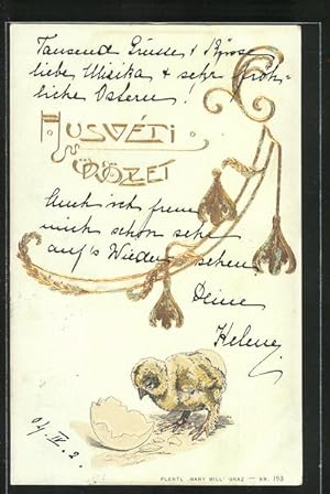 Bild des Verkufers fr Prge-Knstler-Ansichtskarte Ostern, das Kken kommt aus der Schale, goldene Schrift zum Verkauf von Bartko-Reher