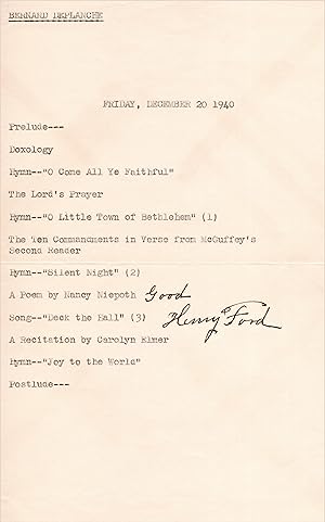 ORIGINAL TYPED AGENDA FOR 1940 FORD MOTOR COMPANY CHRISTMAS SERVICE, APPROVED AND SIGNED BY HENRY...