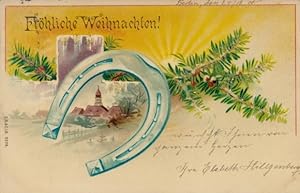 Ansichtskarte / Postkarte Frohe Weihnachten, Hufeisen, Winterlandschaft, Tannenzweig