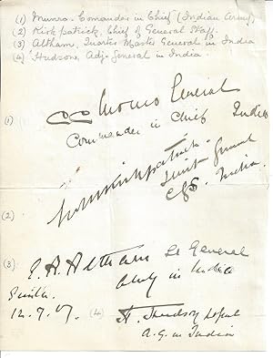 Bild des Verkufers fr [Military Hierarchy in India, 1917] Bold signatures of the above with rank/function in India, with pencil notes of identification. zum Verkauf von Richard M. Ford Ltd