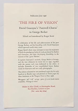 Seller image for The Fire of Vision: David Gascoyne's 'Farewell Chorus' to George Barker [prospectus] for sale by George Ong Books