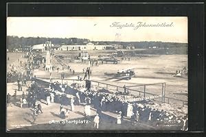 Foto-Ansichtskarte Sanke Nr. 198: Berlin-Johannisthal, Flughafen, Startplatz der Flugzeuge und Sc...