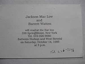 Imagen del vendedor de Jackson Mac Low and Barrett Watten will Read at Ear Inn 1995 Exhibition invite postcard a la venta por ANARTIST
