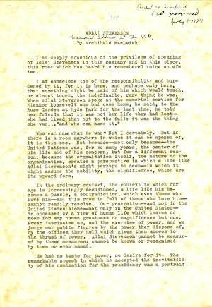 TYPED MANUSCRIPT SIGNED (TMS): ADLAI STEVENSON