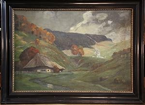 Gebirgige Landschaft mit Bauernhaus und Bachlauf. Signiert "K. Richter" (wohl Klaus Richter 1887-...