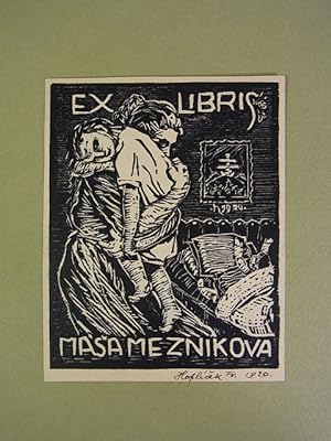 Exlibris Masa Meznikova. Motiv: Mutter ihr Kind ins Bett bringend. Holzschnitt. Signiert