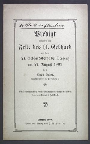 Bild des Verkufers fr Predigt gehalten am Feste des hl. Gebhard auf dem Gebhardsberge bei Bregenz am 27. August 1909. zum Verkauf von books4less (Versandantiquariat Petra Gros GmbH & Co. KG)