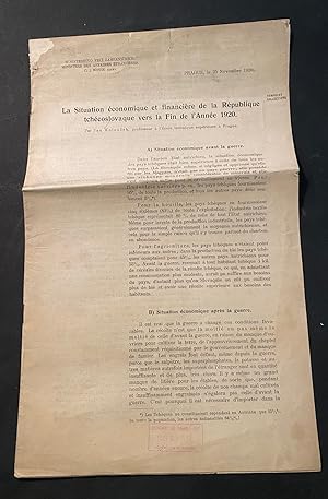 La Situation economique et financiere de la Republique tchecoslovaque vers la Fin de l'Annee 1920.