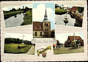 Bild des Verkufers fr Ansichtskarte / Postkarte Horneburg im Alten Land, verschiedene Ansichten, Kirche, Marktplatz, Segelboot im Hafen zum Verkauf von akpool GmbH