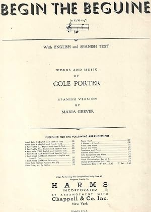 Bild des Verkufers fr BEGIN THE BEGUINE COLE PORTER 1935 SHEET MUSIC zum Verkauf von Vada's Book Store