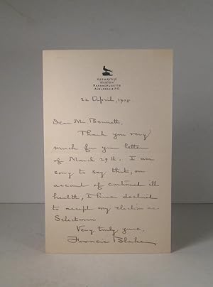 Francis Blake to Mr Bennett. Autograph Letter Signed (A.L.S.) 22 April, 1905