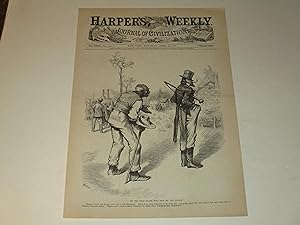 Imagen del vendedor de 1879 Harper's Weekly Engraving of "He (The Solid South) Will Soon Be "Let Alone" - After Reconstruction - "Massa, I leave you because you "kill us with kindness." There is too much freedom at the polls, and I'am going to were the 'bad Yankees' live - Suppressing the African American Vote - Racist content a la venta por rareviewbooks