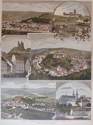 kolorierter Holzstich - Bilder aus der Westeifel ( Vielansicht Souvenirblatt Prüm Malmedy Montjoie )