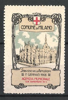 Bild des Verkufers fr Reklamemarke Milano, Servizio delle Affissioni 1908, Stadtansicht, Rotes Kreuz zum Verkauf von Bartko-Reher