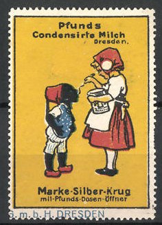 Bild des Verkufers fr Reklamemarke Pfunds Condensirte Milch, Marke Silber-Krug, Mdchen fttert einen Buben zum Verkauf von Bartko-Reher