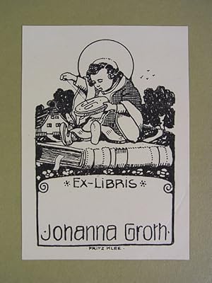 Bild des Verkufers fr Exlibris fr Johanna Groth. Motiv: Mnchner Kindl, auf groem Buch sitzend und dabei an einer Handarbeit stickend. Lithographie zum Verkauf von Antiquariat Weber