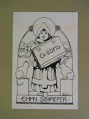 Seller image for Exlibris fr Emmy Schaefer. Motiv: Mnchner Kindl mit groem Buch, seitlich und unten Katze, Hase und Maus. Lithographie for sale by Antiquariat Weber